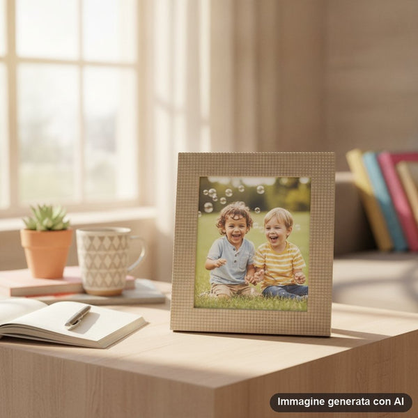 Tre portafoto con bordo texture in rilievo nei colori verde, marrone e beige, con illustrazione botanica e animali selvatici