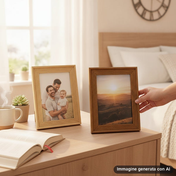 Due cornici portafoto in legno naturale con bordo intrecciato e interno decorato con motivi botanici scuri