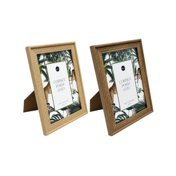 Due cornici portafoto in legno naturale con design botanico verde e bianco, base stabile per appoggio