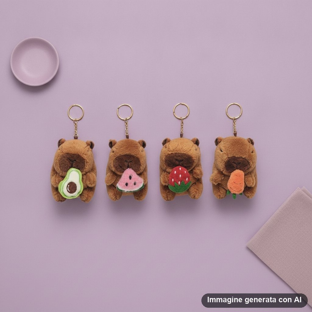 Quattro portachiavi in peluche a forma di capibara marrone con anellino dorato, ognuno con cibo diverso in bocca: avocado ver