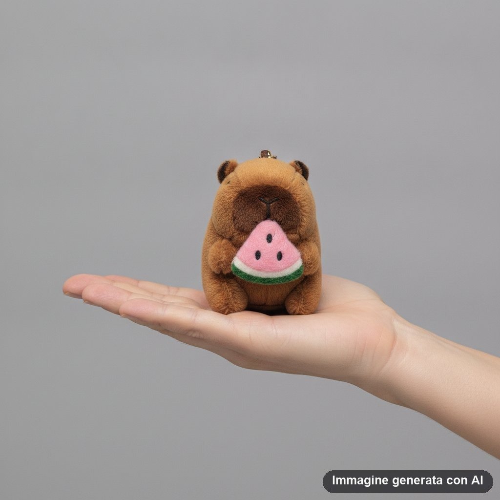 Quattro portachiavi in peluche a forma di capibara marrone con anellino dorato, ognuno con cibo diverso in bocca: avocado ver