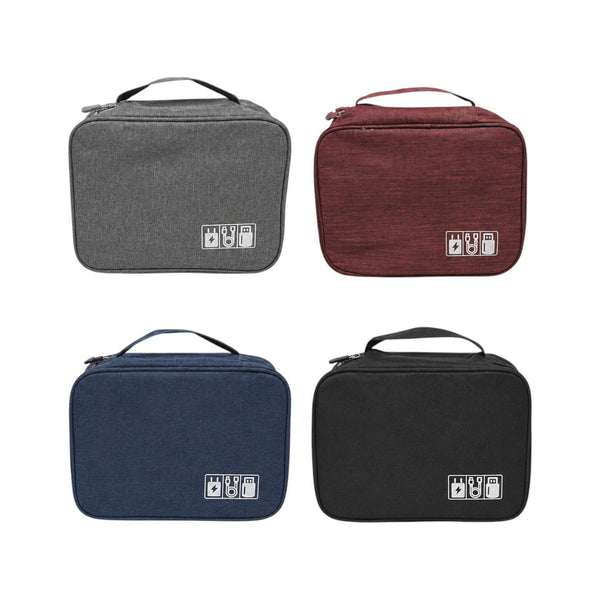 Quattro borse organizer per cavi e accessori nei colori grigio, bordeaux, blu navy e nero con maniglia