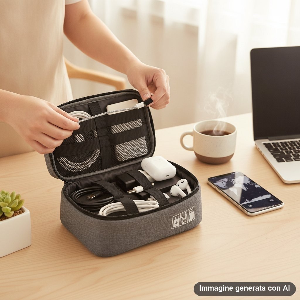 Quattro borse organizer per cavi e accessori nei colori grigio, bordeaux, blu navy e nero con maniglia