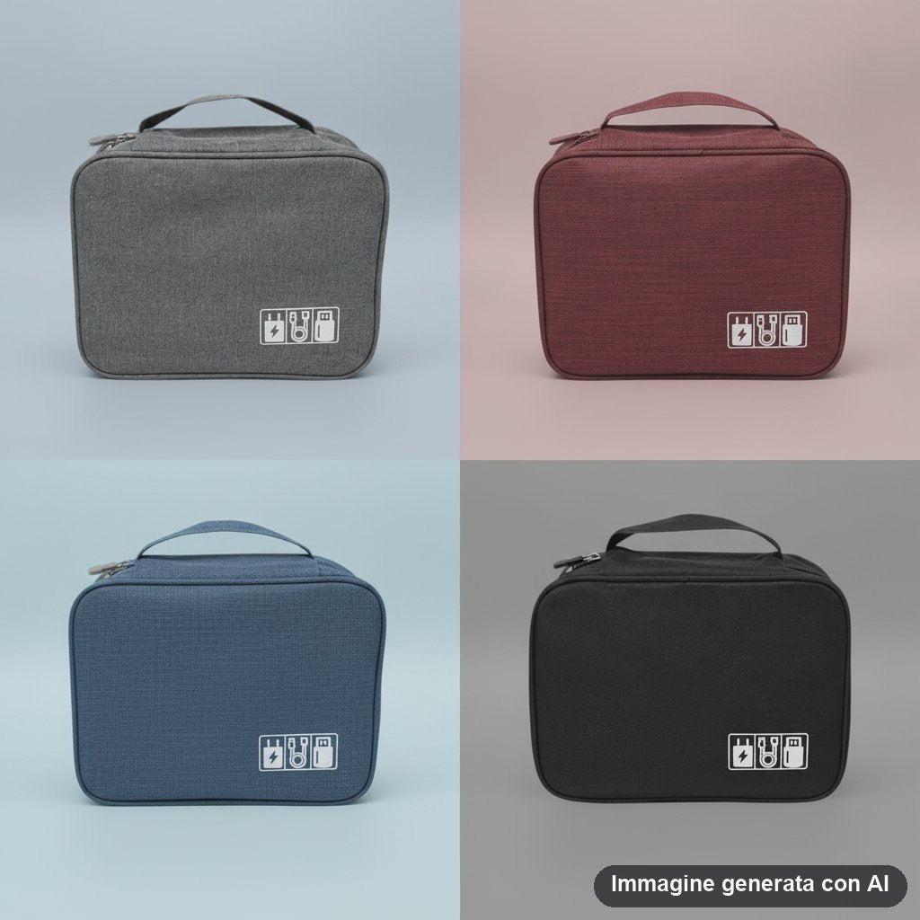 Quattro borse organizer per cavi e accessori nei colori grigio, bordeaux, blu navy e nero con maniglia