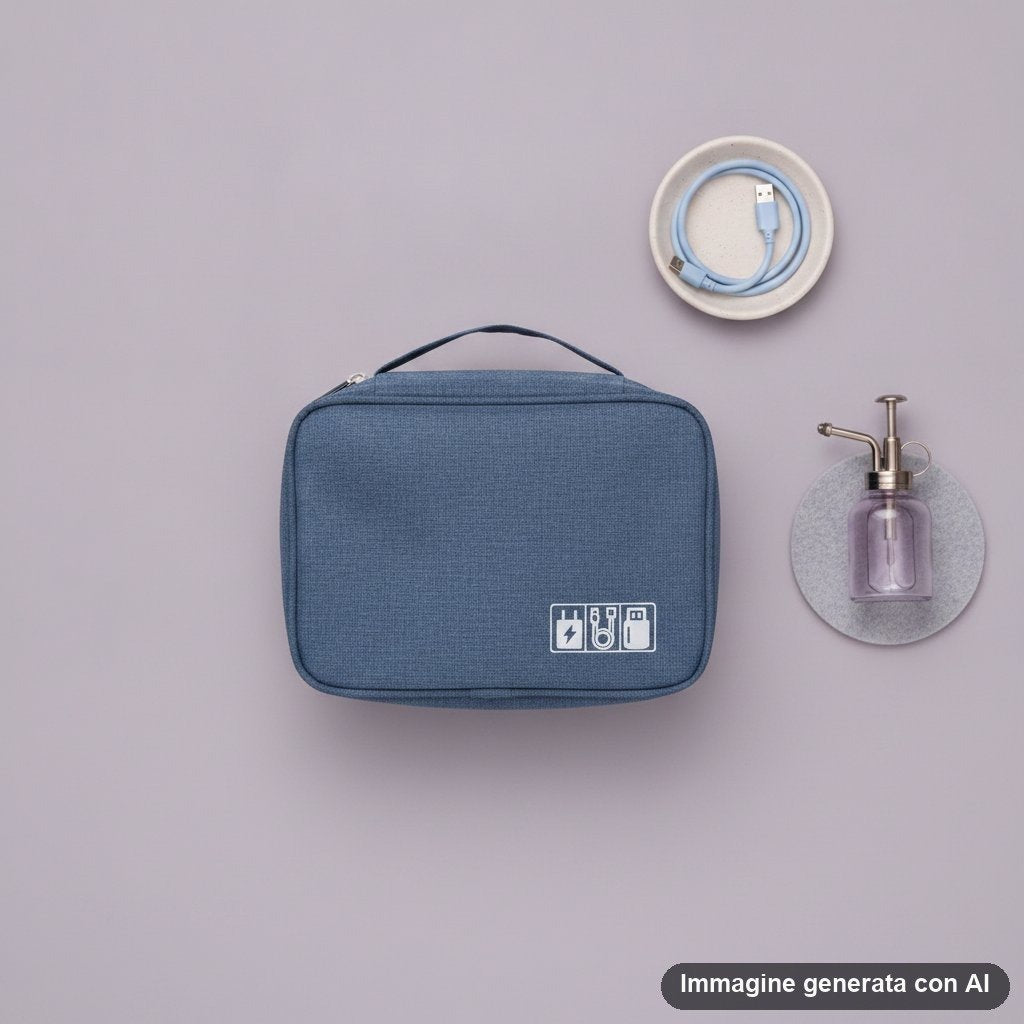 Quattro borse organizer per cavi e accessori nei colori grigio, bordeaux, blu navy e nero con maniglia