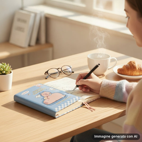 Quattro quaderni a righe con copertina rigida decorata da ippopotami disegnati in stile kawaii, colori pastello azzurro rosa 