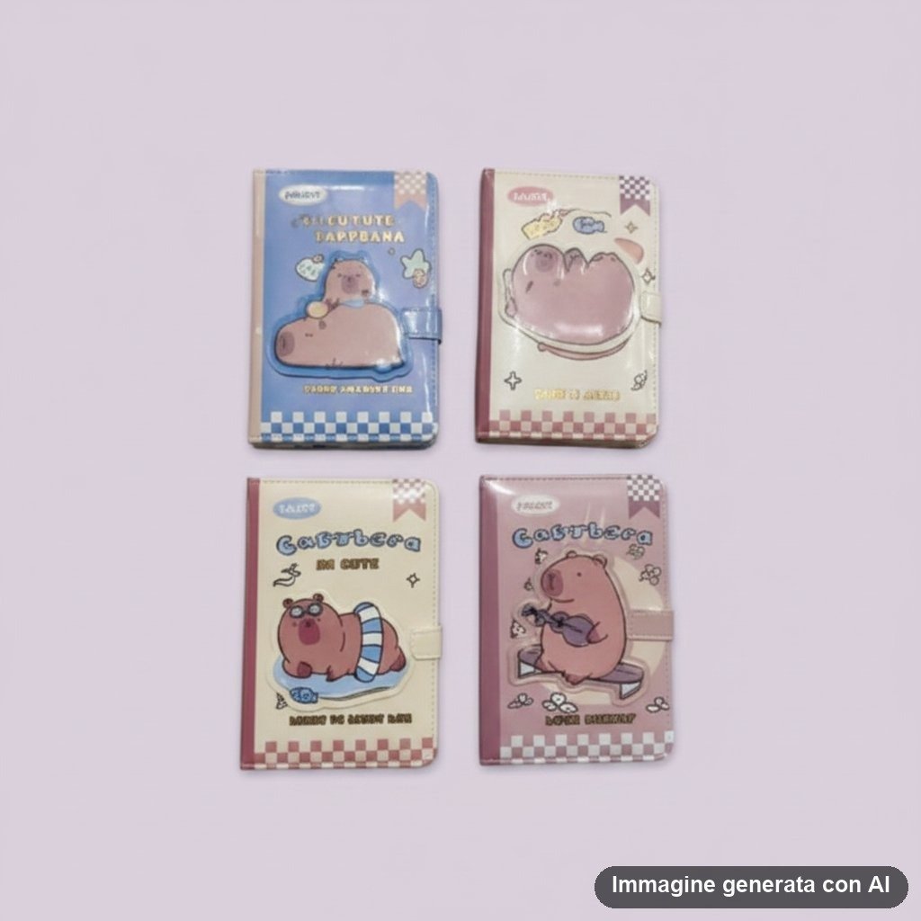 Quattro quaderni a righe con copertina rigida decorata da ippopotami disegnati in stile kawaii, colori pastello azzurro rosa 
