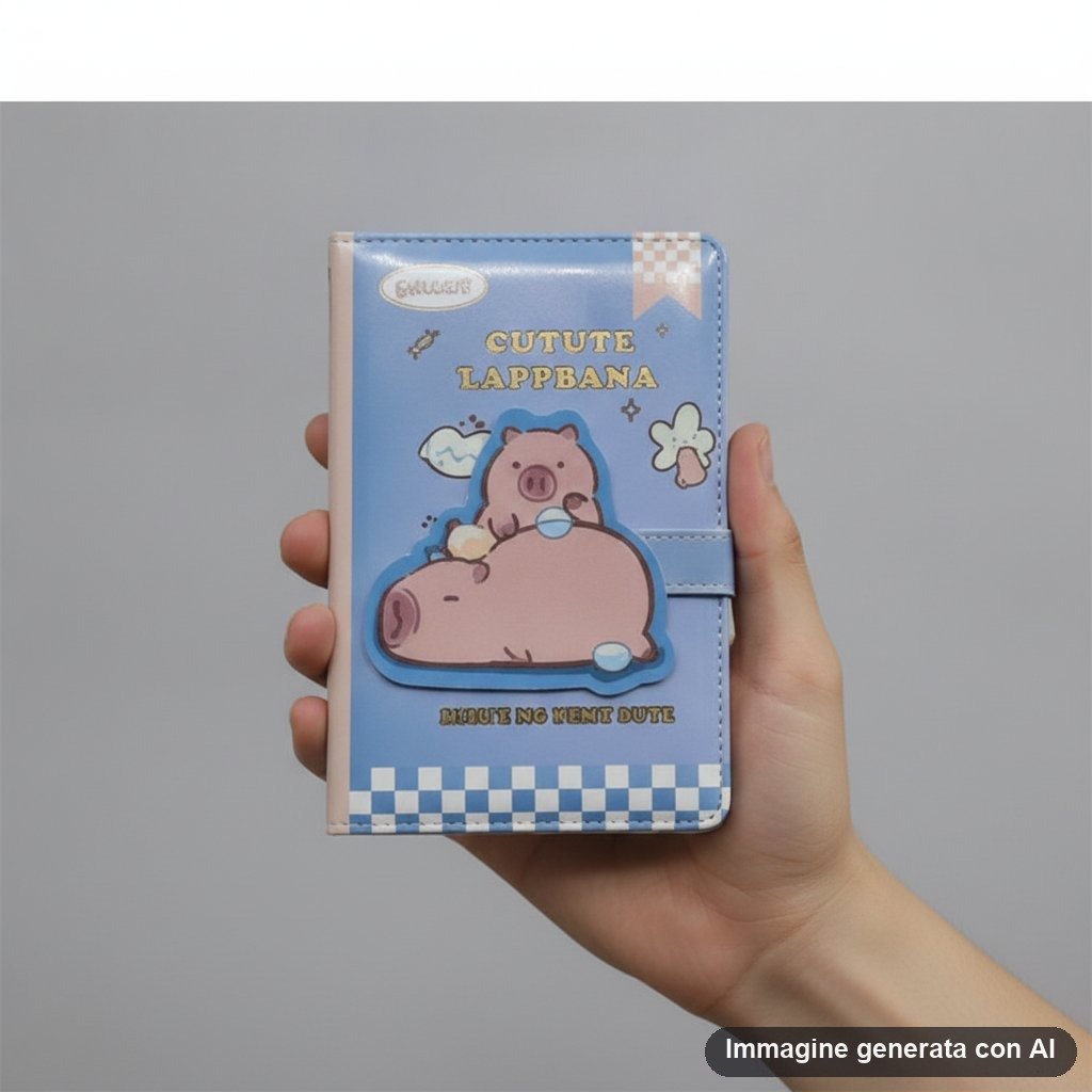 Quattro quaderni a righe con copertina rigida decorata da ippopotami disegnati in stile kawaii, colori pastello azzurro rosa 