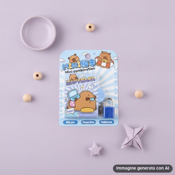 Quattro quaderni mini con serratura colorata e disegni di capybara kawaii in tonalità blu, rosa e viola con nuvole e dettagli