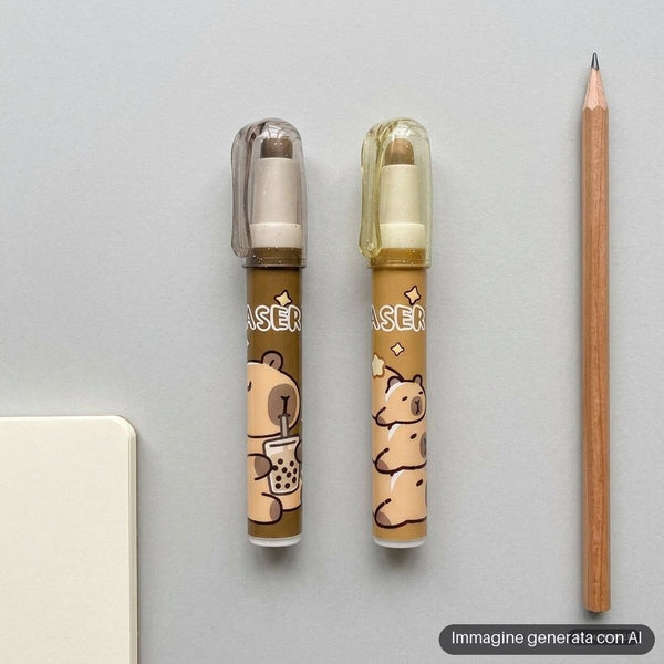 Due gomme a forma di penna con capibara disegnati, nei toni marrone e beige