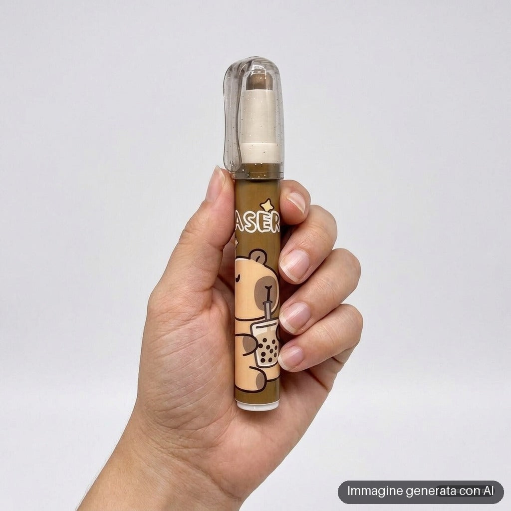 Due gomme a forma di penna con capibara disegnati, nei toni marrone e beige