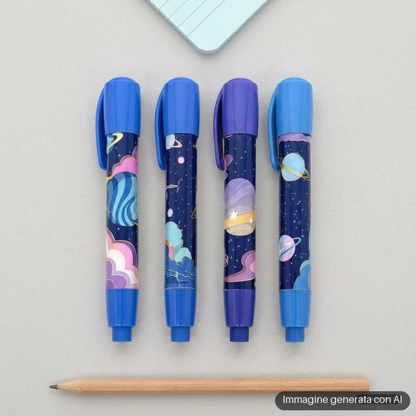 Gomme a forma di penna blu e viola con pianeti, stelle e nuvole disegnate