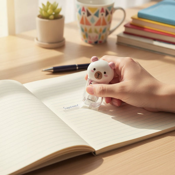Due correttori a forma di capibara, uno beige e uno rosa pastello, con disegno kawaii e confezione colorata