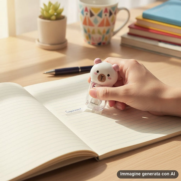 Due correttori a forma di capibara, uno beige e uno rosa pastello, con disegno kawaii e confezione colorata