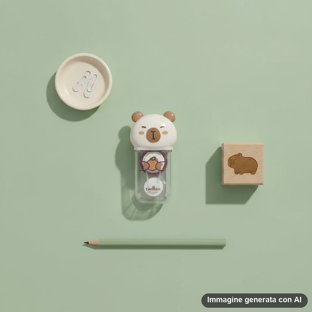 Due correttori a forma di capibara, uno beige e uno rosa pastello, con disegno kawaii e confezione colorata