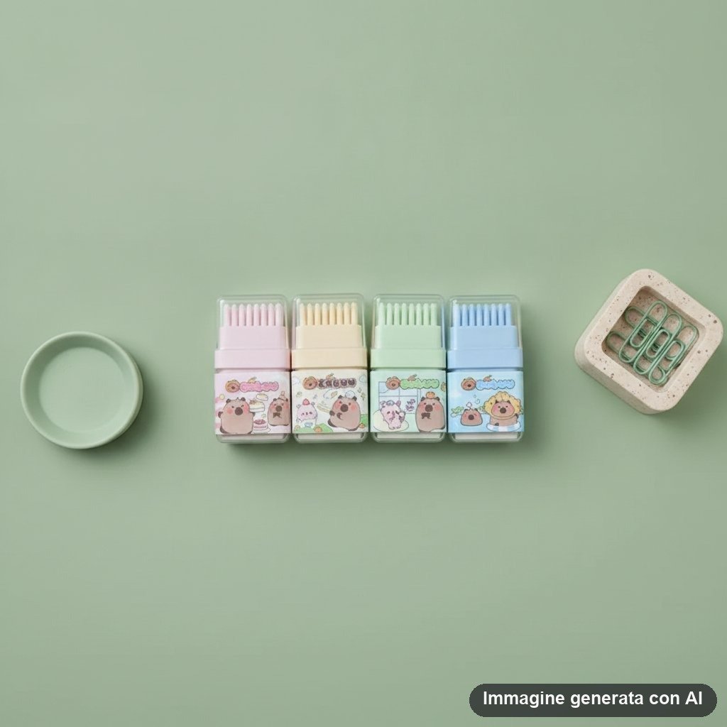 Set di quattro gomme a forma di capibara nei colori rosa, crema, verde menta e azzurro con design kawaii e scene divertenti