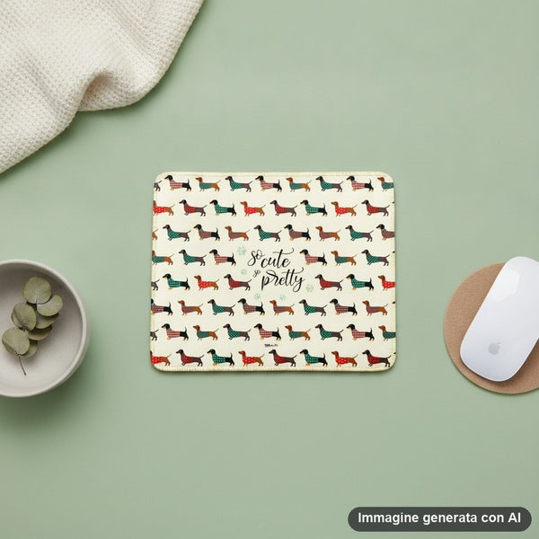 Tappetino mouse beige con bassotti marrone e nero indossano maglie scozzesi rosse e turchesi, scritta so cute so pretty al ce