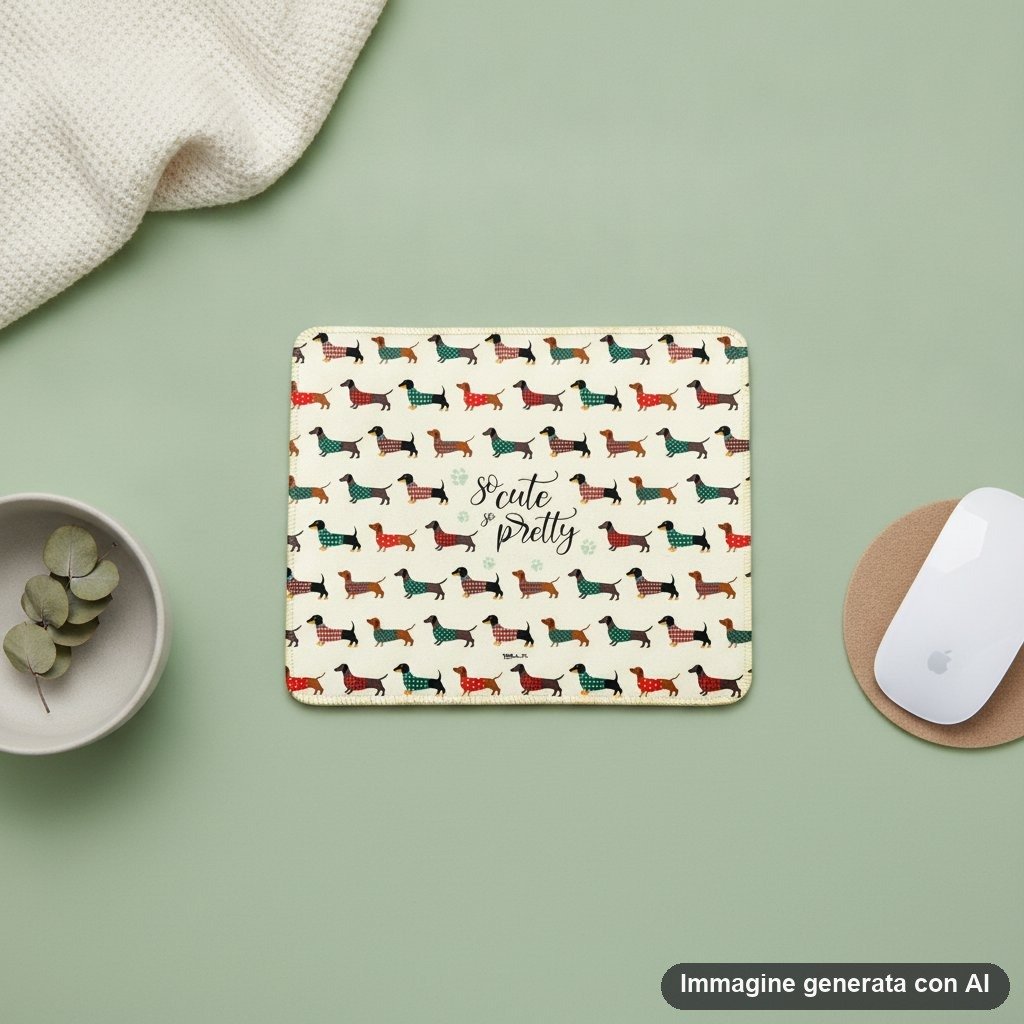Tappetino mouse beige con bassotti marrone e nero indossano maglie scozzesi rosse e turchesi, scritta so cute so pretty al ce