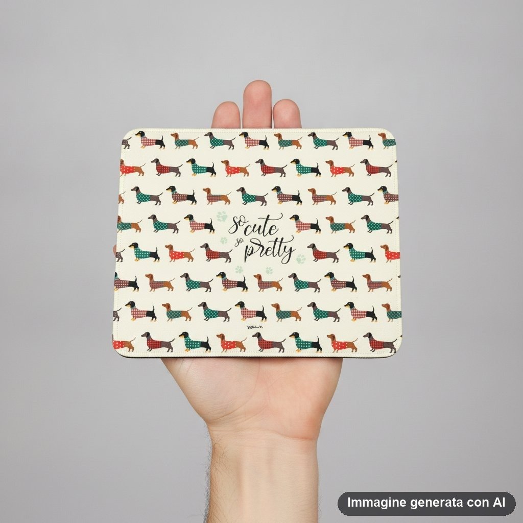 Tappetino mouse beige con bassotti marrone e nero indossano maglie scozzesi rosse e turchesi, scritta so cute so pretty al ce