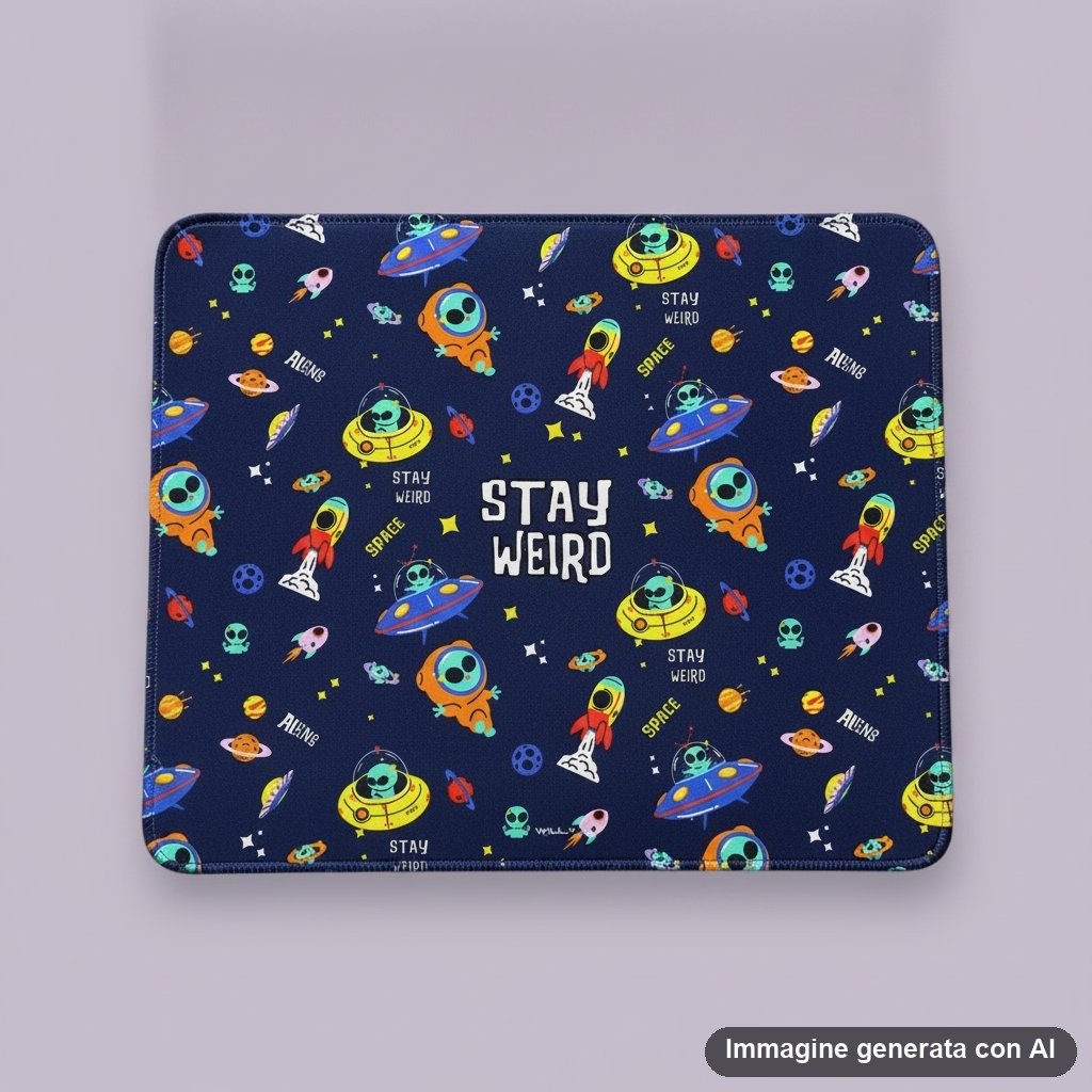 Tappetino mouse con stampa di alieni verdi, navicelle spaziali colorate, razzi e scritte Stay Weird su fondo blu scuro