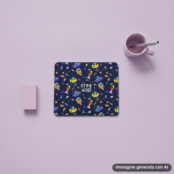 Tappetino mouse con stampa di alieni verdi, navicelle spaziali colorate, razzi e scritte Stay Weird su fondo blu scuro