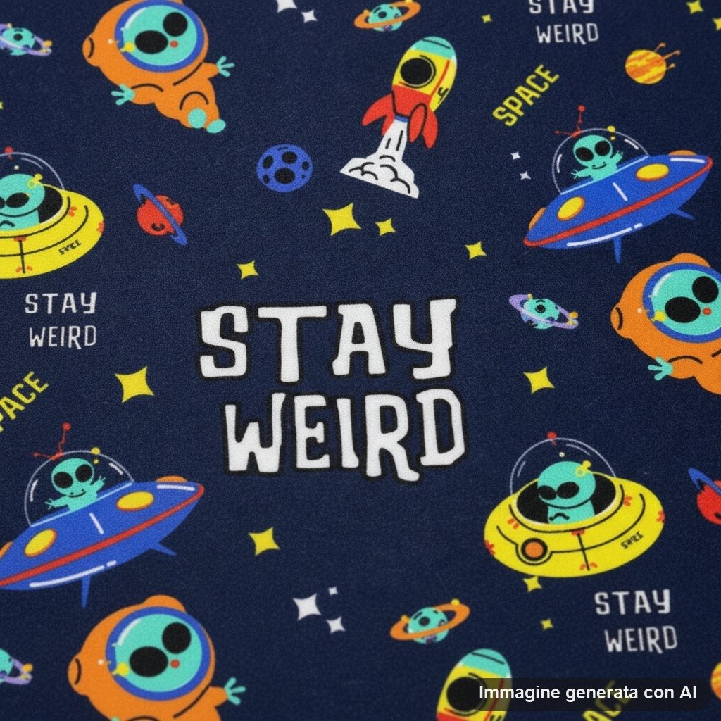 Tappetino mouse con stampa di alieni verdi, navicelle spaziali colorate, razzi e scritte Stay Weird su fondo blu scuro