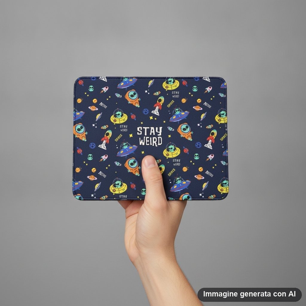 Tappetino mouse con stampa di alieni verdi, navicelle spaziali colorate, razzi e scritte Stay Weird su fondo blu scuro