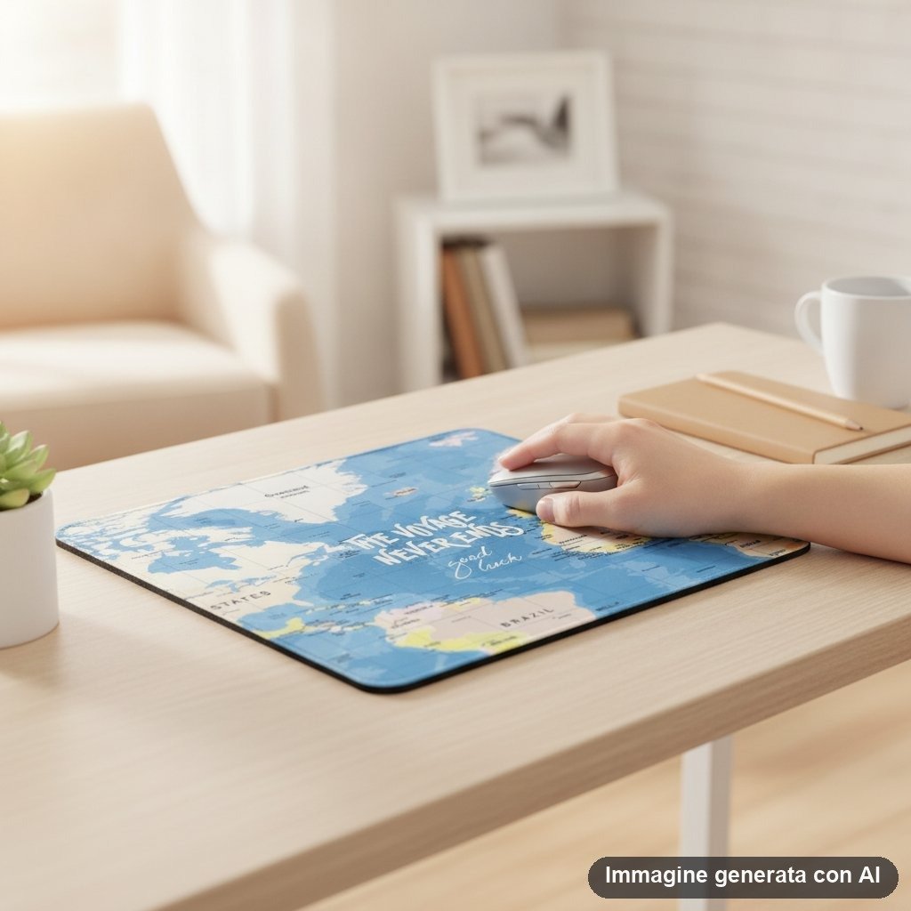Tappetino mouse rettangolare con mappa geografica mondiale, continenti gialli e oceani azzurri, scritte bianche 'The voyage n