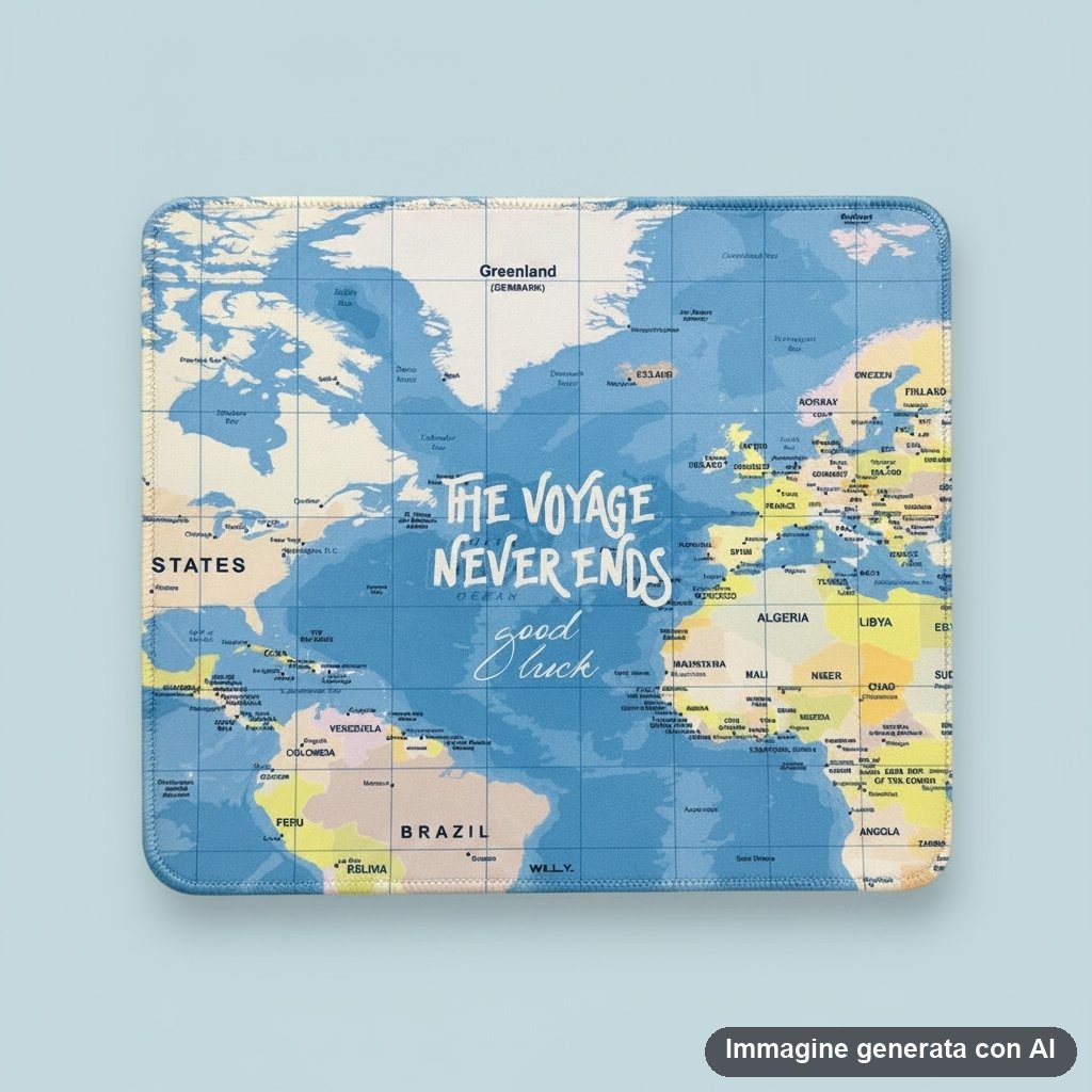 Tappetino mouse rettangolare con mappa geografica mondiale, continenti gialli e oceani azzurri, scritte bianche 'The voyage n