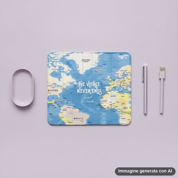 Tappetino mouse rettangolare con mappa geografica mondiale, continenti gialli e oceani azzurri, scritte bianche 'The voyage n