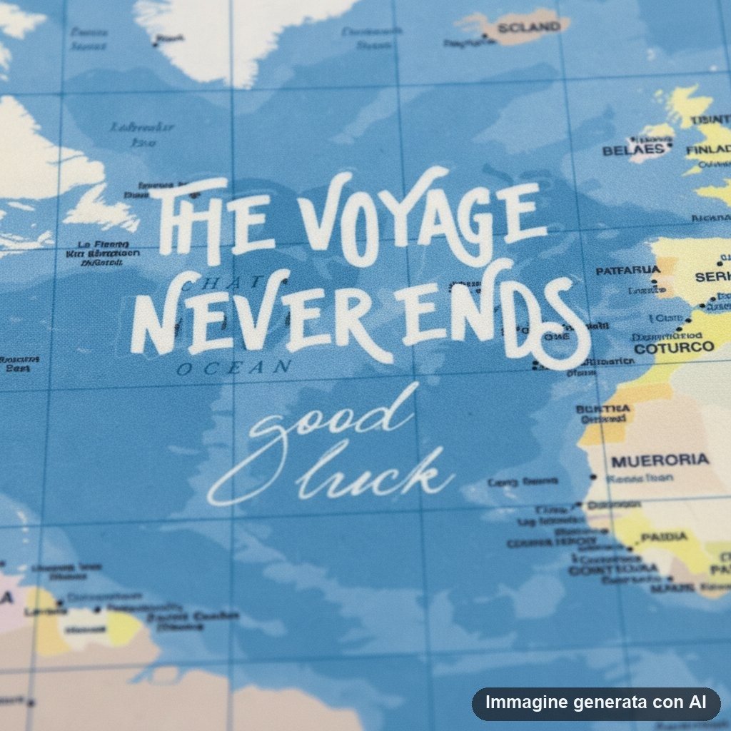 Tappetino mouse rettangolare con mappa geografica mondiale, continenti gialli e oceani azzurri, scritte bianche 'The voyage n