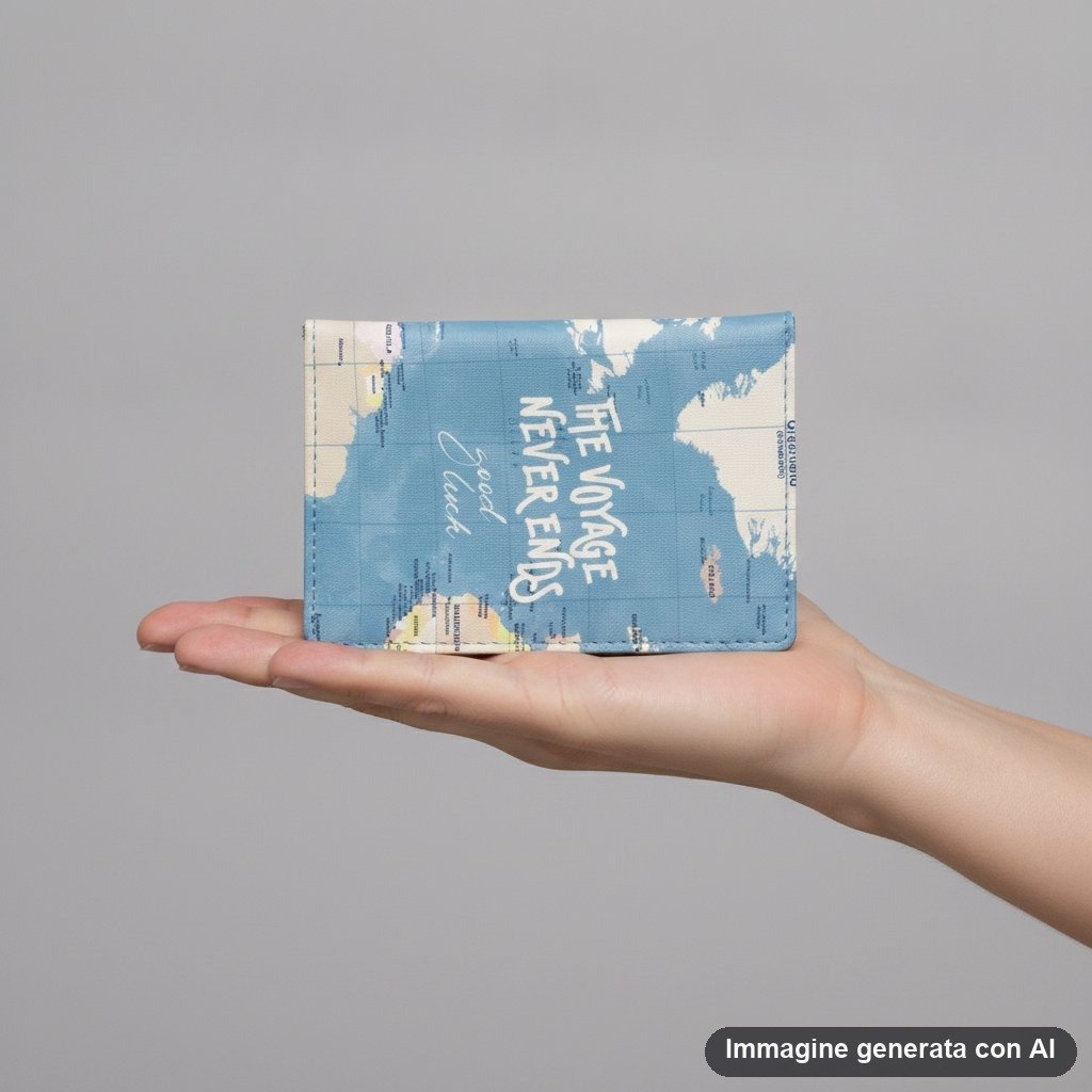 Custodia passaporto con mappa geografica del mondo in tonalità blu e beige con scritta il viaggio non finisce mai