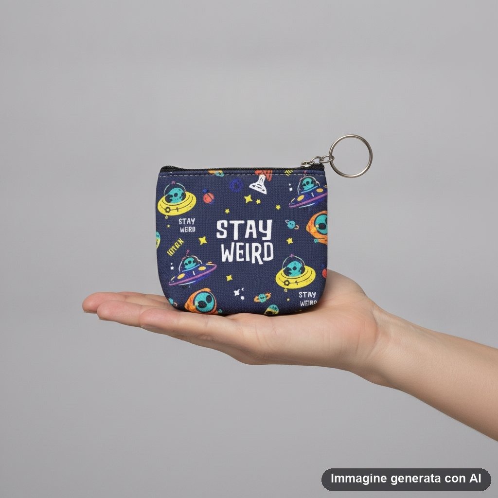Portamonete blu navy con stampa astronauti e UFO colorati, anello portachiavi in metallo, testo Stay Weird