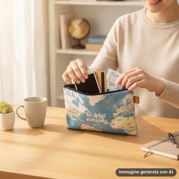 Tre pochette con zip: una con mappa del mondo e scritta viaggio, una celeste con gatti ripetuti, una beige con bassotti color