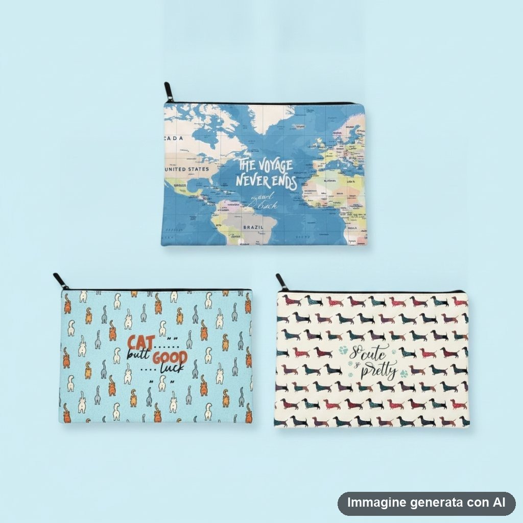 Tre pochette con zip: una con mappa del mondo e scritta viaggio, una celeste con gatti ripetuti, una beige con bassotti color