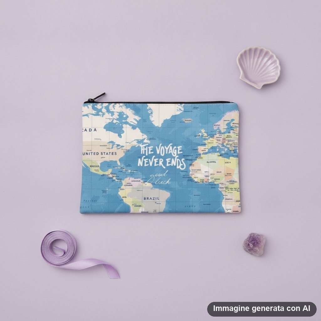 Tre pochette con zip: una con mappa del mondo e scritta viaggio, una celeste con gatti ripetuti, una beige con bassotti color