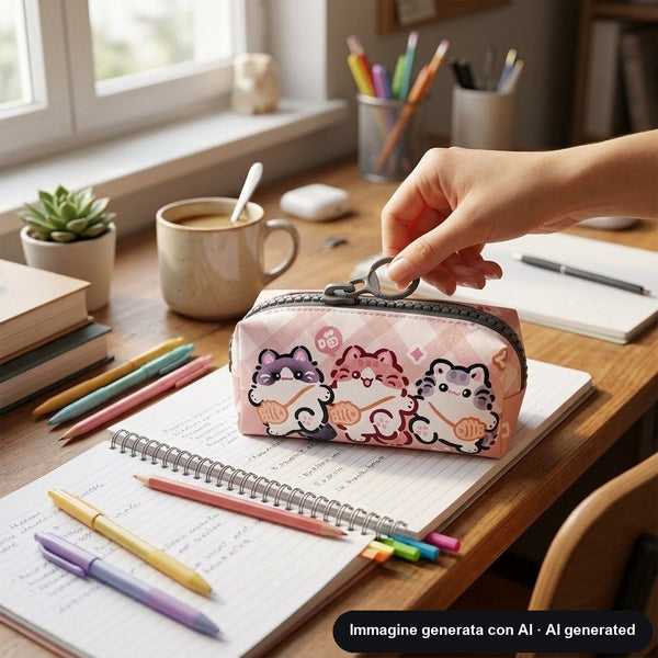 Astuccio rosa a quadretti con zip e gattini disegnati in stile kawaii
