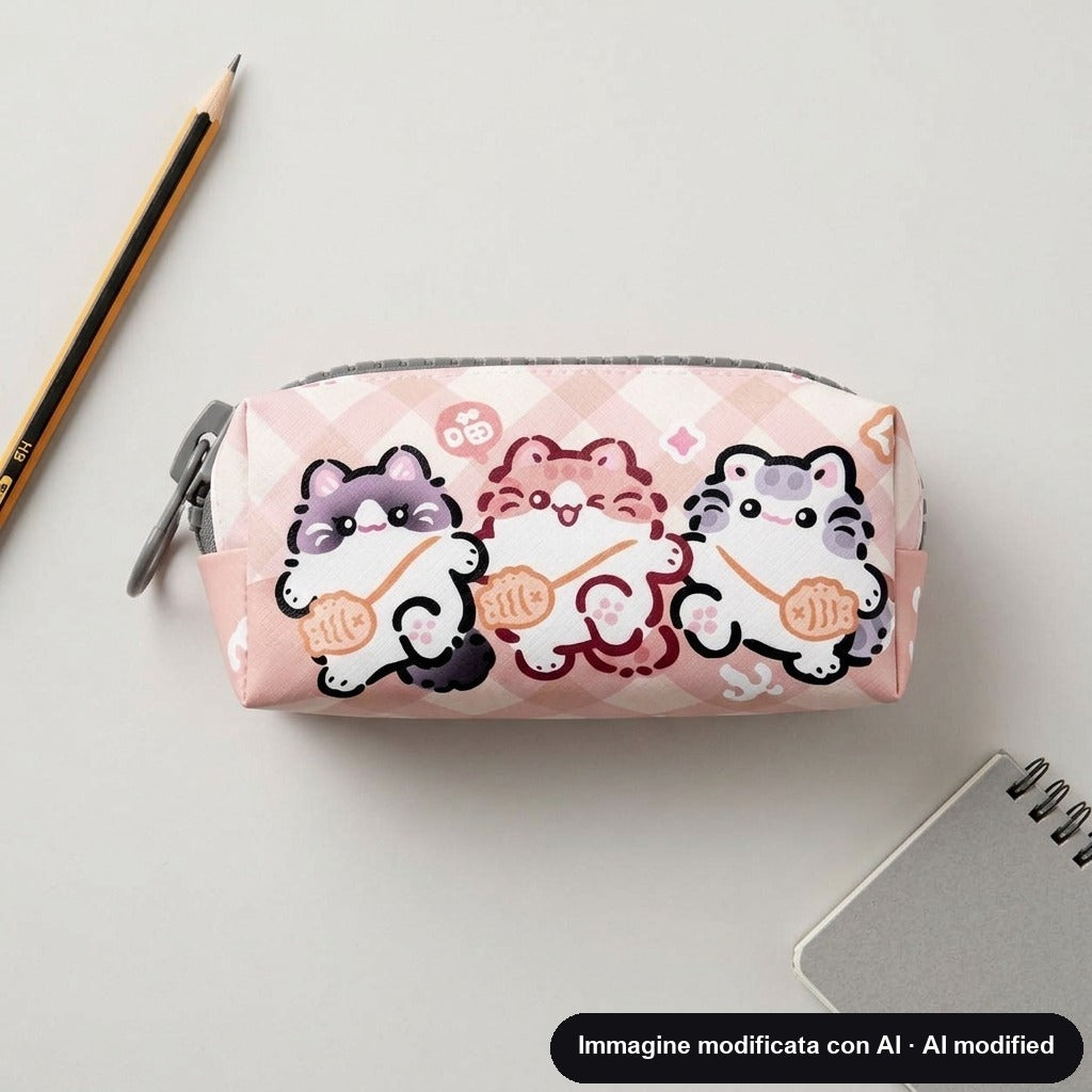 Astuccio rosa a quadretti con zip e gattini disegnati in stile kawaii
