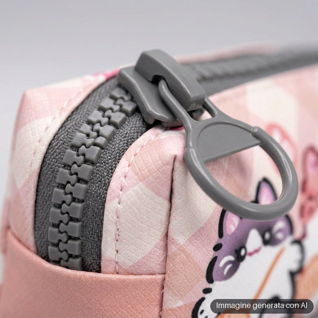 Astuccio rosa a quadretti con zip e gattini disegnati in stile kawaii
