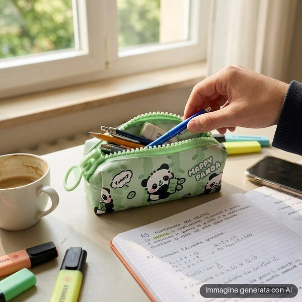 Astuccio verde con zip e panda disegnati in stile kawaii