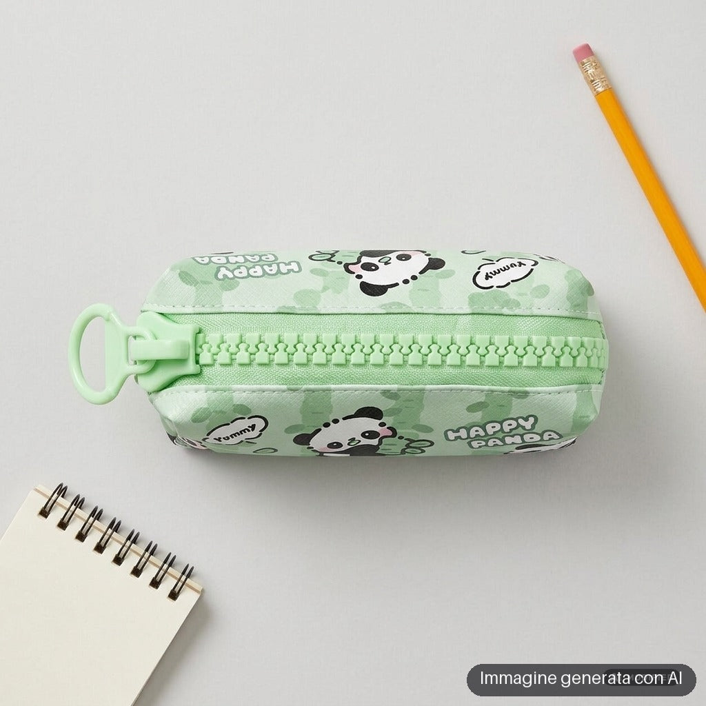 Astuccio verde con zip e panda disegnati in stile kawaii