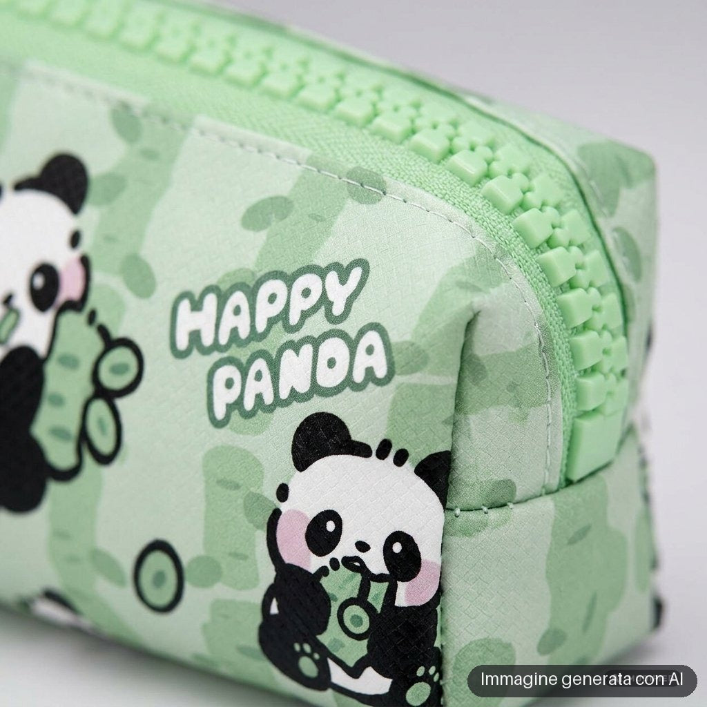 Astuccio verde con zip e panda disegnati in stile kawaii