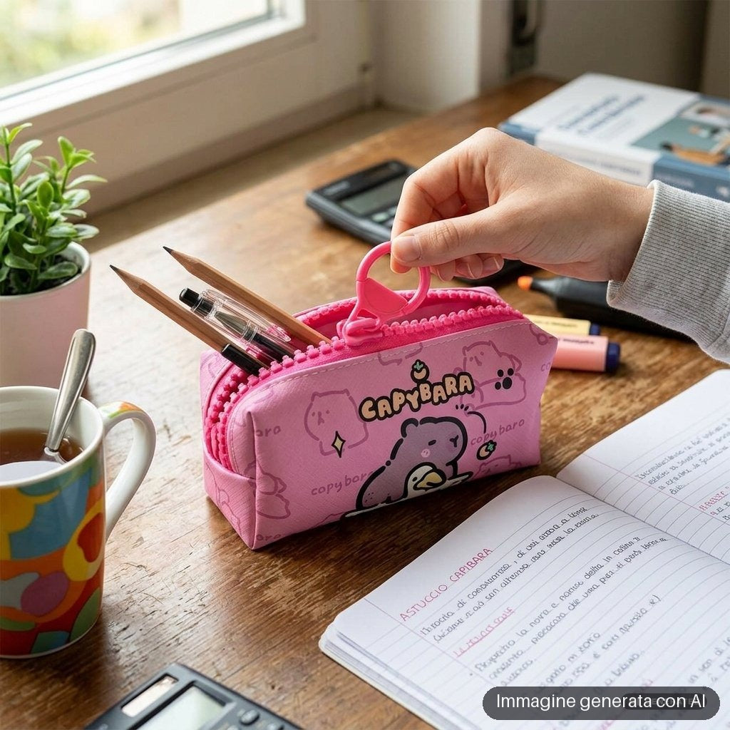 Astuccio rosa con zip e capibara disegnati in stile kawaii