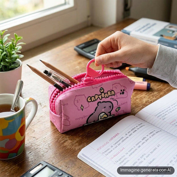 Astuccio rosa con zip e capibara disegnati in stile kawaii