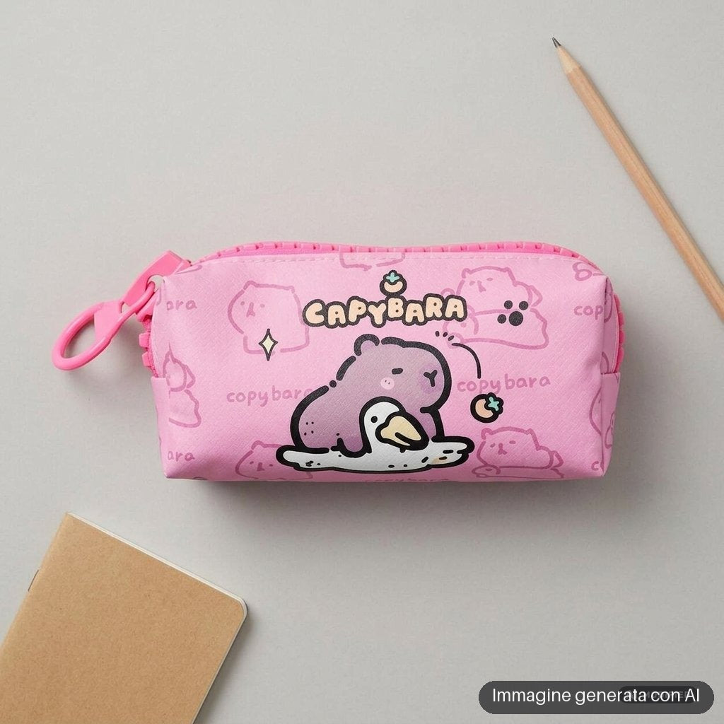 Astuccio rosa con zip e capibara disegnati in stile kawaii
