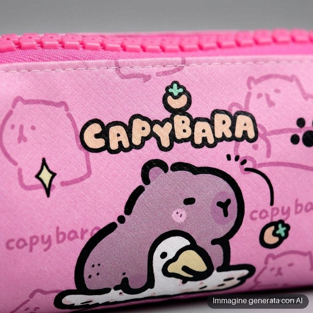 Astuccio rosa con zip e capibara disegnati in stile kawaii