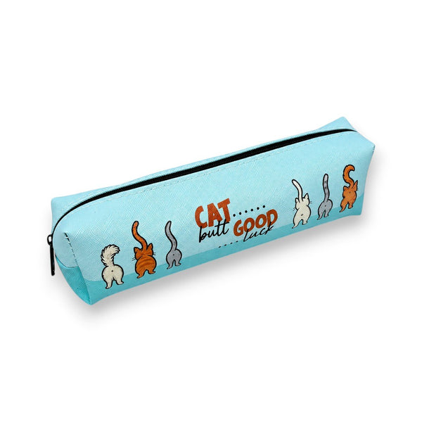 Astuccio azzurro con stampa di gatti in varie pose e scritta Cat Butt Good, chiusura con zip nera