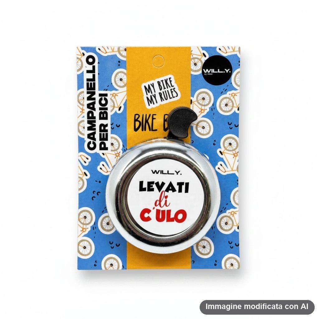 Sei campanelli bicicletta colorati con disegni kawaii e frasi ironiche, disponibili in rosso, blu, bianco e nero