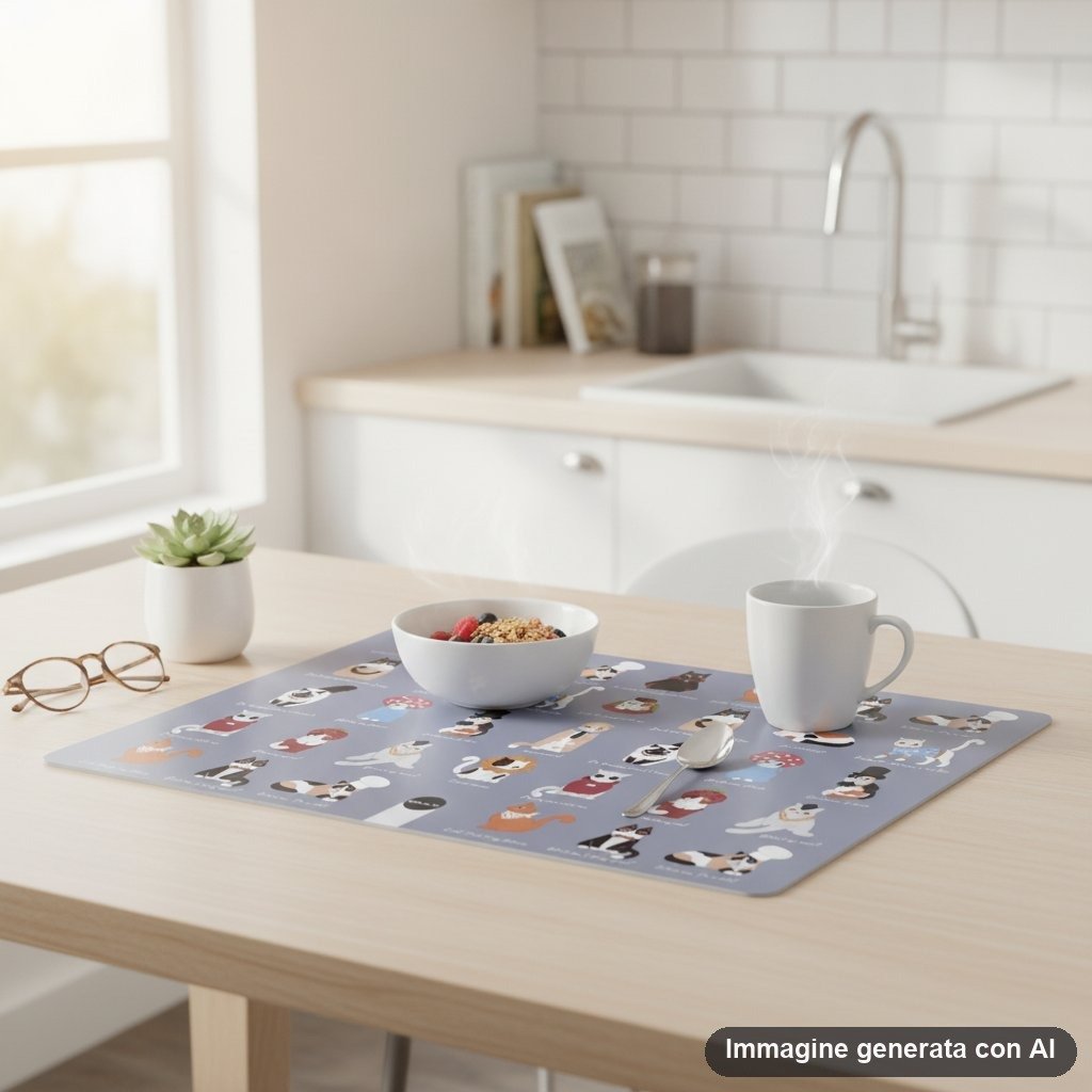 Tovaglietta americana rigida con pattern di gatti kawaii colorati e frasi umoristiche su sfondo grigio-lavanda