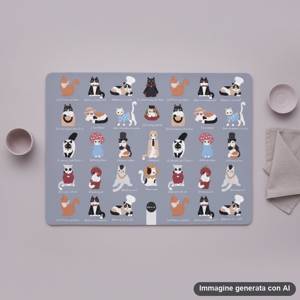 Tovaglietta americana rigida con pattern di gatti kawaii colorati e frasi umoristiche su sfondo grigio-lavanda